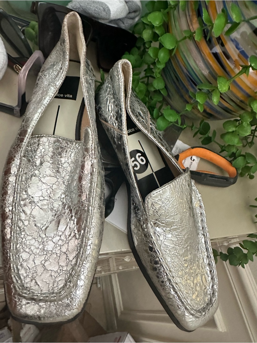 Dolce Vita Silver Metallic Cracked-Texture Slip-On Loafers